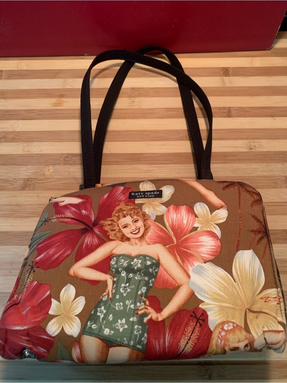 kate spade Rare Vintage Brown and Red Hawaiian Floral Pin-Up Shoulder Tote